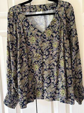 NWOT  J. Jill Satin Blooming Paisley Print Popover Navy & Lime Green  Sz L